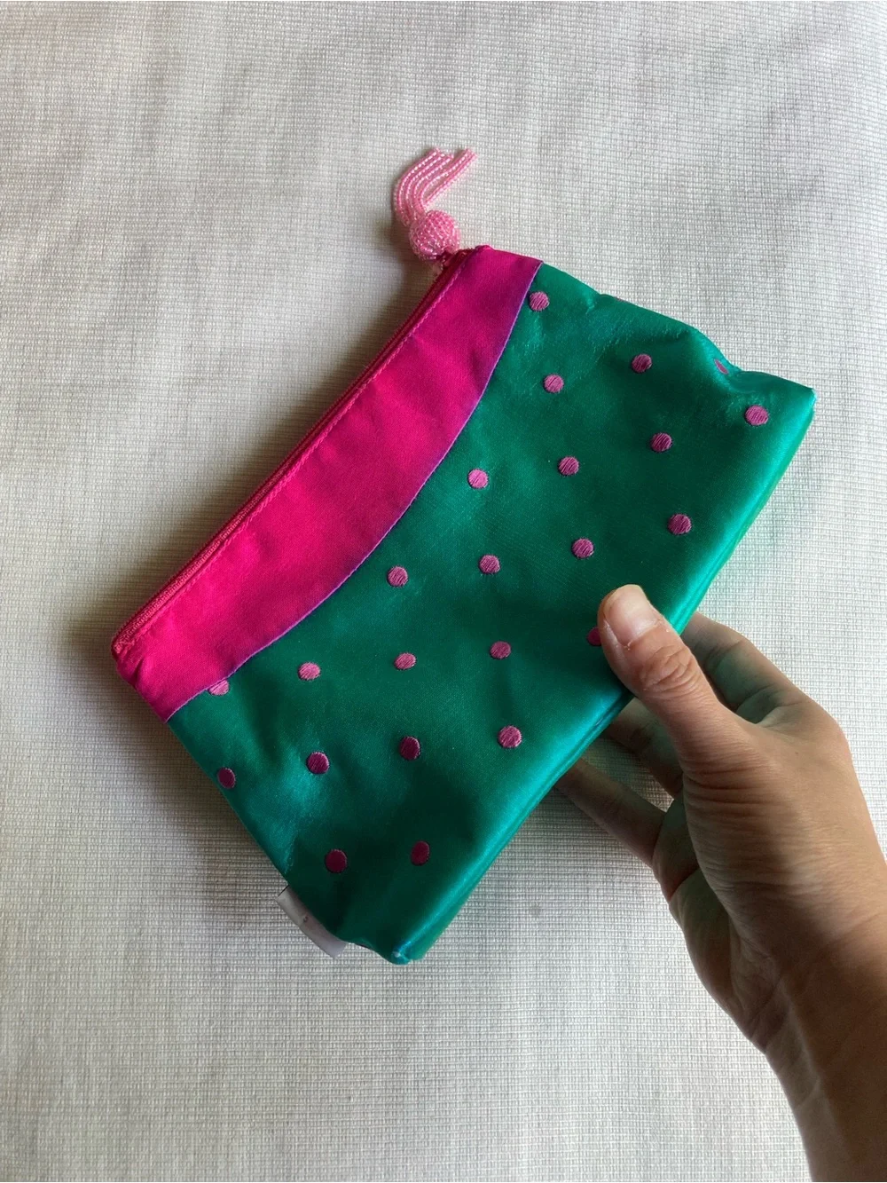 Vintage Jazzd Silk Pink and Teal Polka Dot Zip Pouch Small Bag